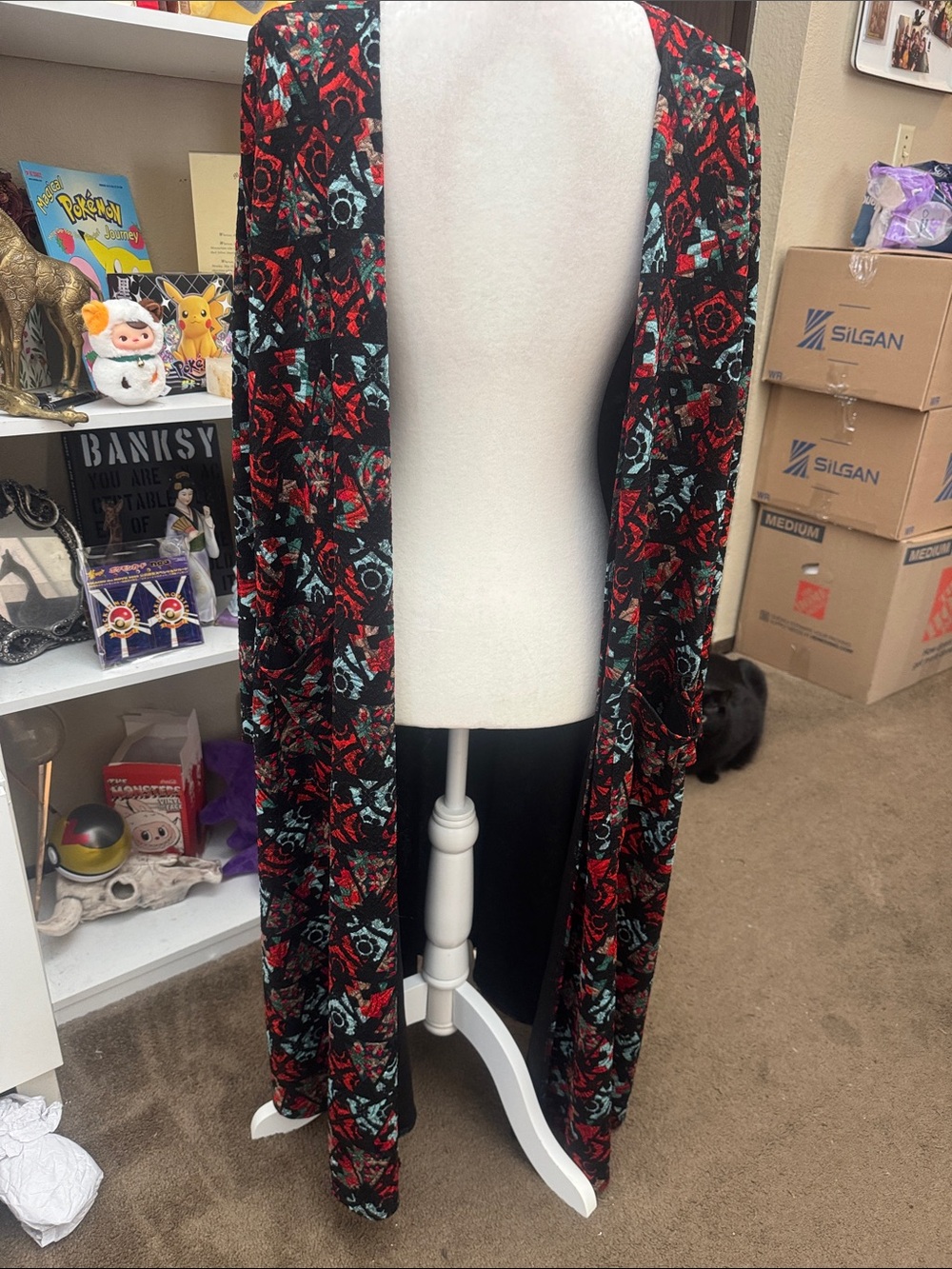 LuLaRoe Black Red & Teal Floral-Print Long Duster